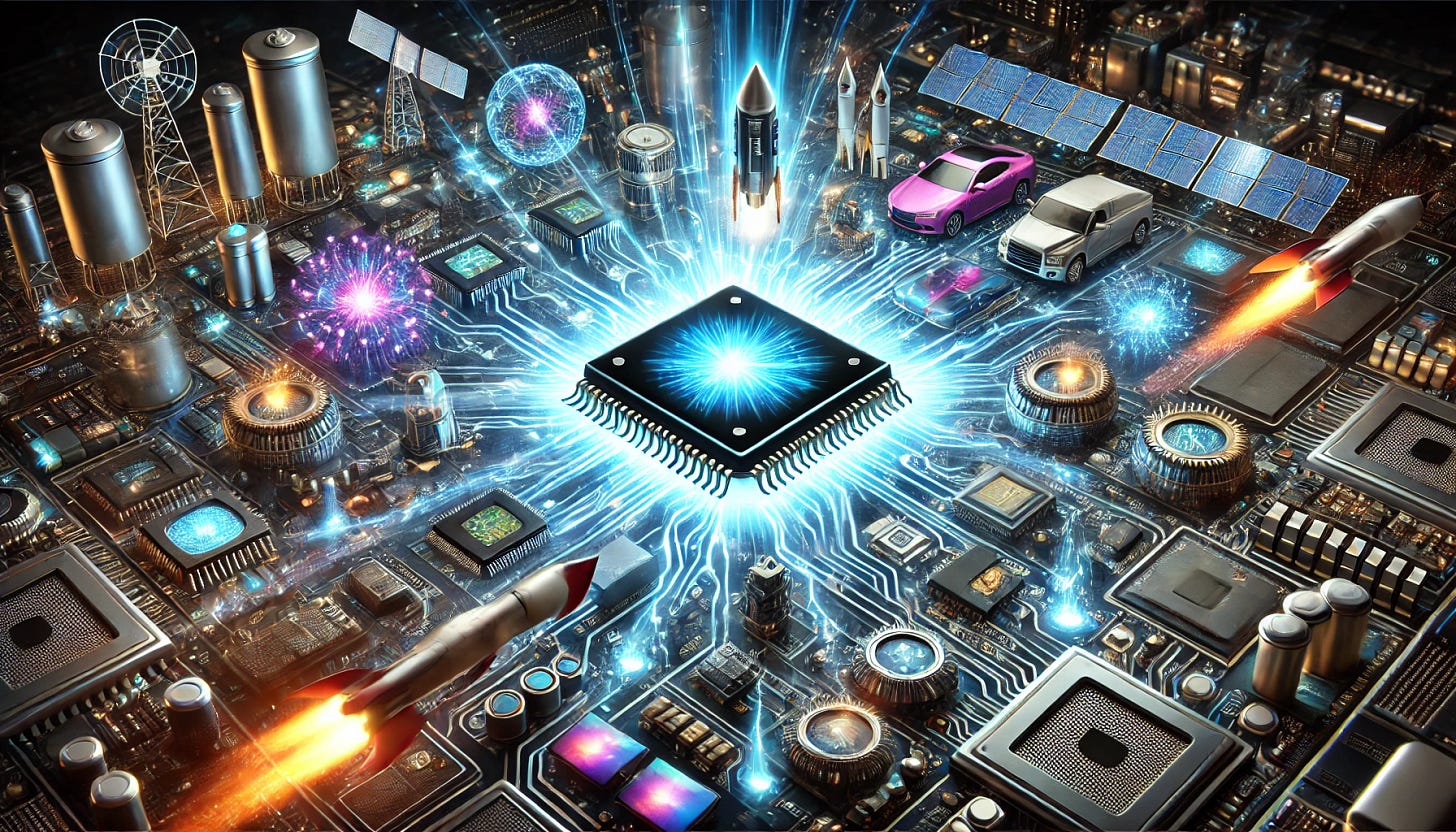 A powerful semiconductor chip at the center, radiating energy and releasing an explosion of advanced technologies. Emerging from the chip are futuristic smartphones, smart TVs, autonomous cars, advanced missiles, glowing LED lights, satellites, and other groundbreaking innovations. The scene is illuminated with neon glows and electric arcs, emphasizing the semiconductor's impact on modern technology. The background features a complex, high-tech circuit board with energy pulses running through it.