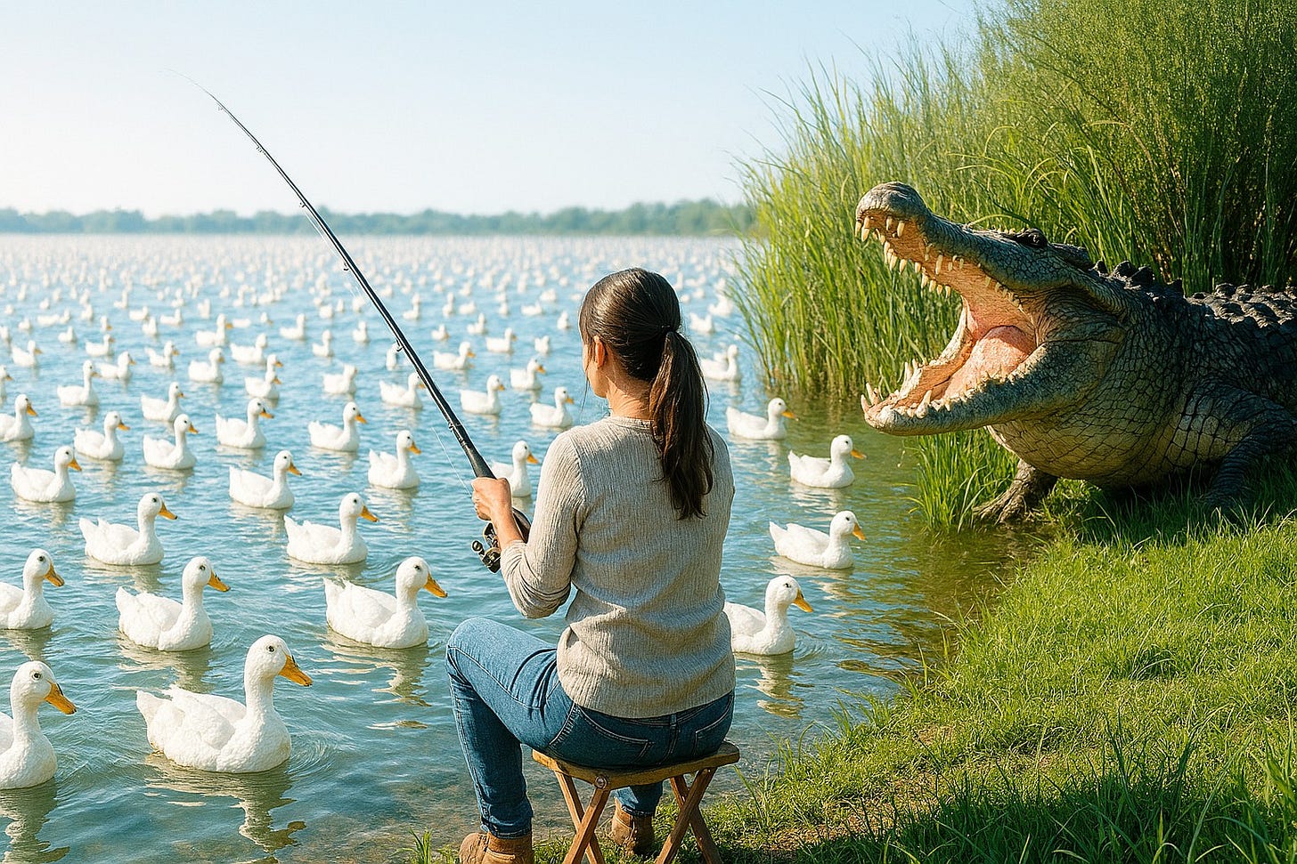 A woman fishes serenely in a brightly lit pond overcrowded with ducks, unaware of the large crocodile with open jaws emerging from the reeds behind her.
