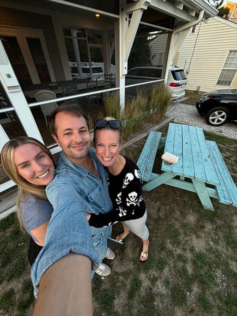 Three 0.5 selfies. The first is at Manhattan Beach during sunset. The second is at the Pantheon in Paris. The third is in Dewey Beach.