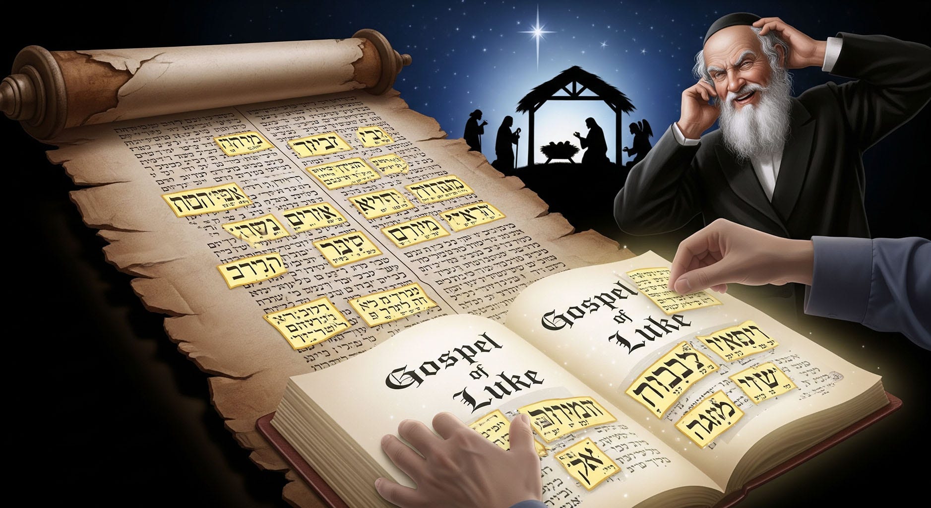 An illustration of torn Hebrew scrolls being cut into puzzle pieces and forced into the Gospel of Luke, while a rabbi laughs and a manger scene appears in the background. An illustration of torn Hebrew scrolls being cut into puzzle pieces and forced into the Gospel of Luke, while a rabbi laughs and a manger scene appears in the background.