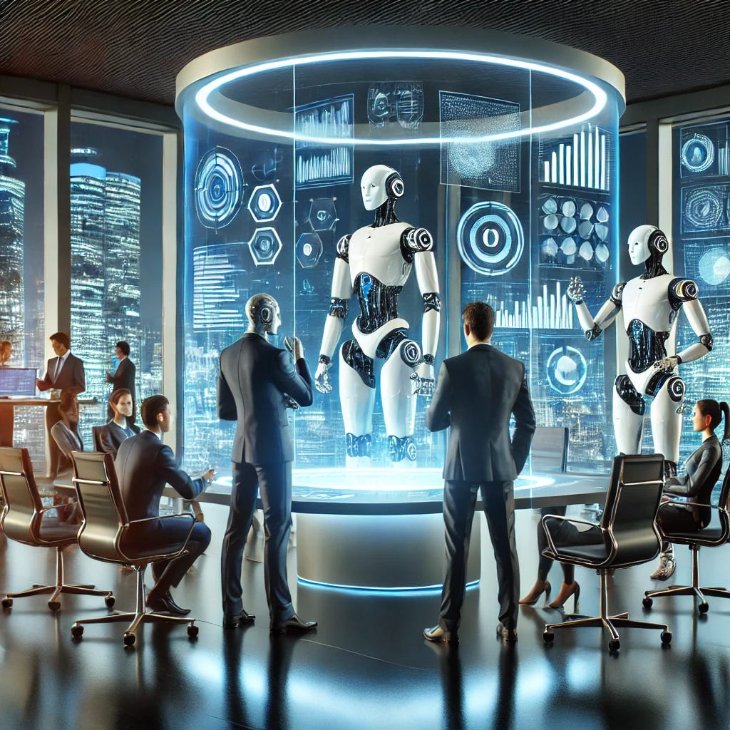 A futuristic office setting where business leaders are collaborating with advanced humanoid robots. The robots are engaging in strategic discussions, analyzing data on holographic screens, and learning new tasks in real-time. The environment is sleek and high-tech, with an emphasis on human-robot collaboration in an innovative workspace.