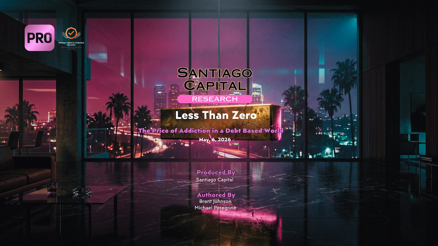 Santiago Capital research report cover titled Less Than Zero debt addiction study