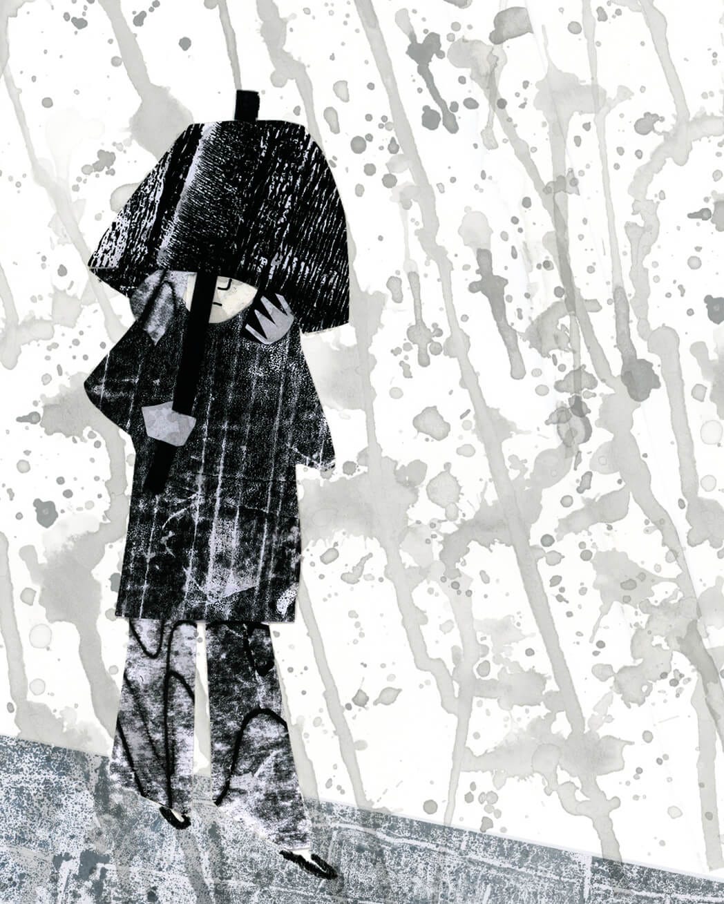 Collage and ink image showing a person in heavy rain holding an umbrella and checking their phone. Illustration by Nanette Regan