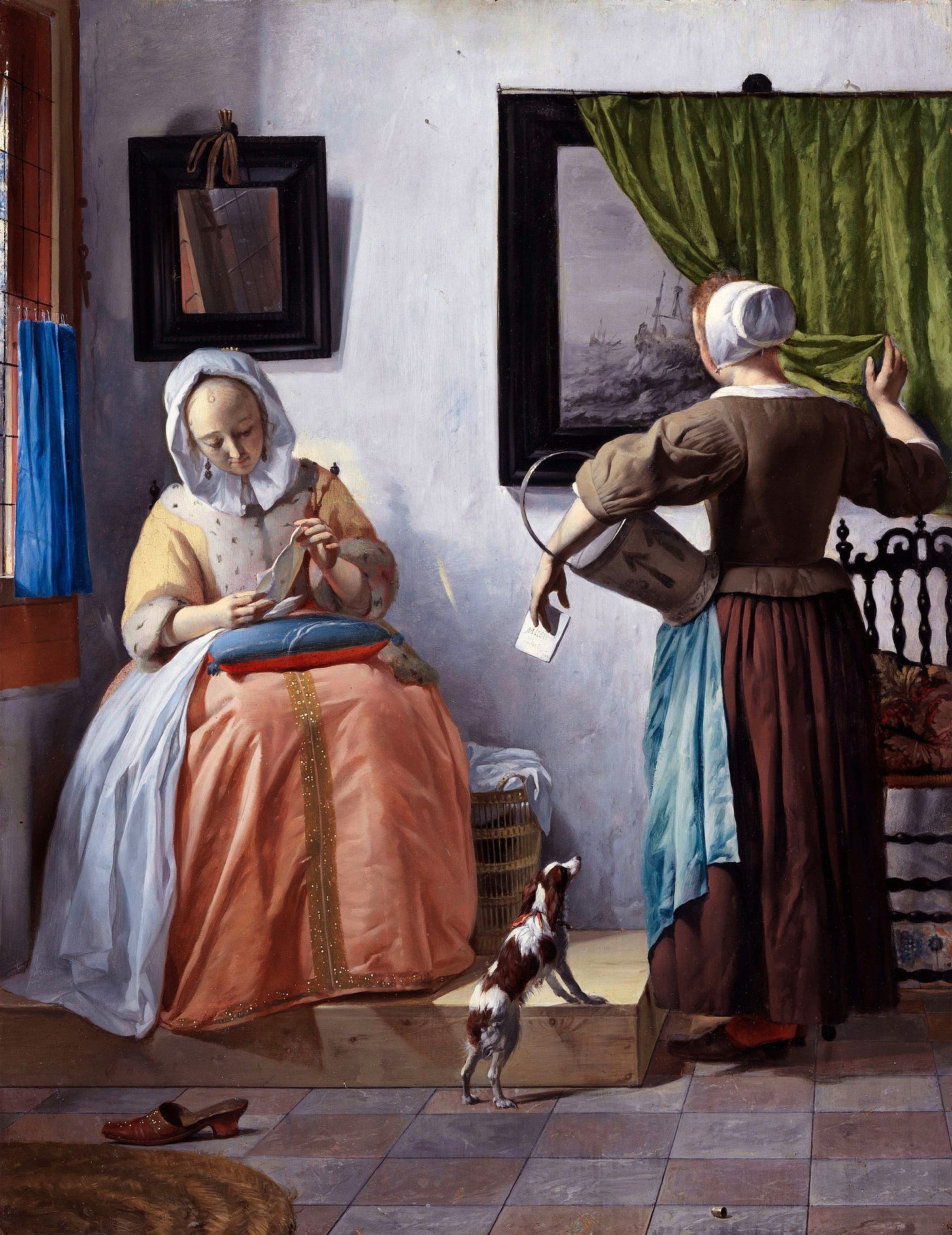 Gabriel Metsu, Woman Reading a Letter: a seated woman reads while a maid lifts the curtain over a seascape on the wall.