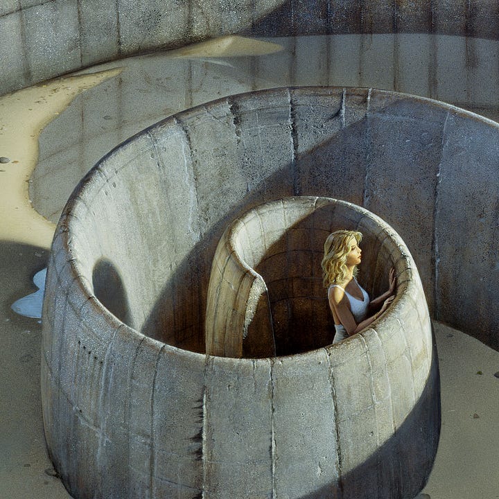 LEFT: Detail from ASYLUM featuring a tighter view of the inside of the stone spiral and the shadows falling across it. The sun illuminates the face of a woman at the center of the spiral as she peers over the wall in front of her, resting her hands just below the edge as if she is on tip toes. Smooth rocks of various size and color are strewn upon the damp sand. Shallow water pools reflecting seams of the concrete. RIGHT: Close detail from ASYLUM featuring a woman with shoulder length blonde hair at the center of the concrete spiral. She rests hands just below the edge of the stone wall, and the sun cuts an angle across her as she peeks over. She wears an immaculate white dress with low cut neckline and thin straps.