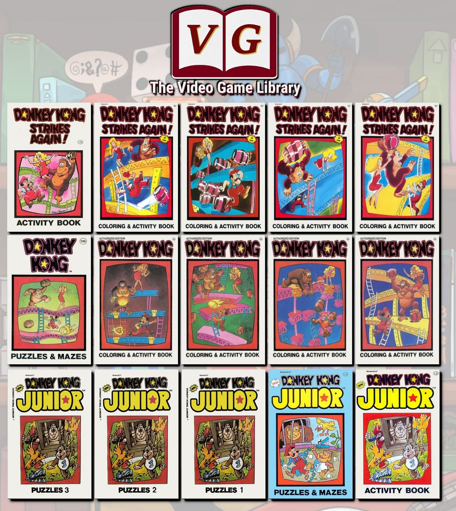 A series of 15 book covers from the various Donkey Kong activity books. 