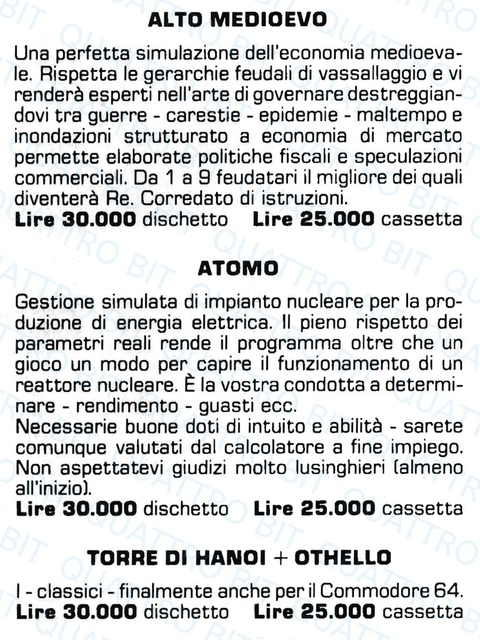 Le descrizioni pubblicitarie di Alto Medioevo e Atomo