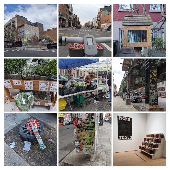 6 scenes from new york city - 1) snail mural 2) riding an e-bike somewhere in brooklyn 3) the glee of spotting a Little Free Library in NYC 4) “SHOW MORE LOVE” graffiti under the subway tracks 5) part of a touring exhibit, Brooklyn Museum (I can’t find the artist’s name, alas) 6) “Fur Kills” 7) tire 8) picking up fresh thai basil at “To the World Farm” market in Williamsburg 9) rainy morning at Fort Green 6 scenes from new york city - 1) snail mural 2) riding an e-bike somewhere in brooklyn 3) the glee of spotting a Little Free Library in NYC 4) “SHOW MORE LOVE” graffiti under the subway tracks 5) part of a touring exhibit, Brooklyn Museum (I can’t find the artist’s name, alas) 6) “Fur Kills” 7) tire 8) picking up fresh thai basil at “To the World Farm” market in Williamsburg 9) rainy morning at Fort Green