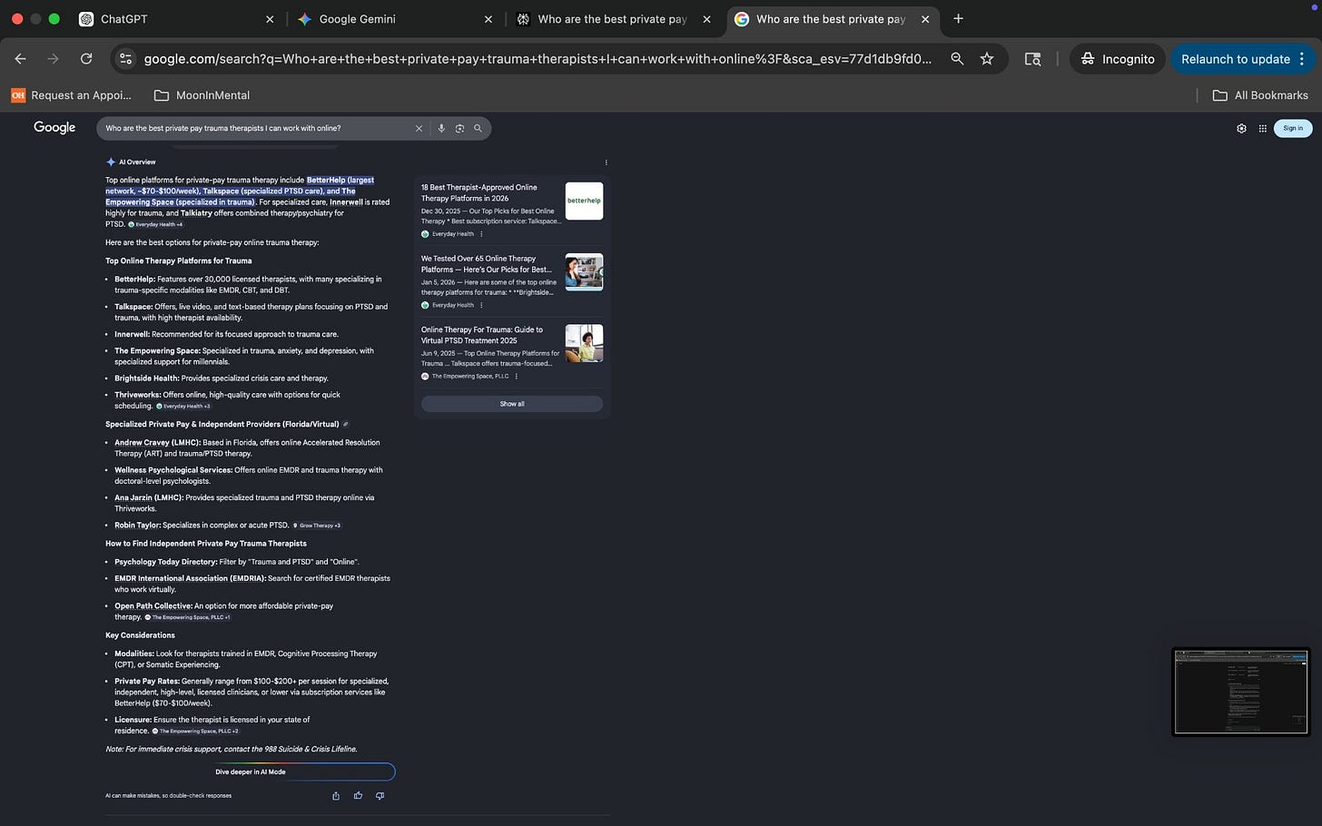 The Visible Practitioner Spot-Check March 2026. Google AI Overview response to private pay trauma therapist query leading with BetterHelp and Talkspace platforms.