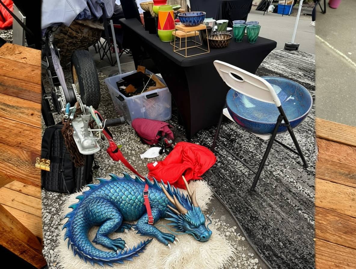 A photo of the back of a pottery stand at a local art fair. A blue dragon is asleep on a rug, wearing a dog harness, with striking turquoise scales. A photo of the back of a pottery stand at a local art fair. A blue dragon is asleep on a rug, wearing a dog harness, with striking turquoise scales.