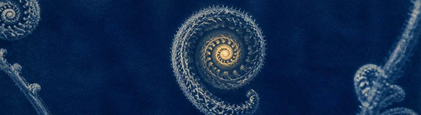 A sealed cyanotype fern coil with living light held inside.