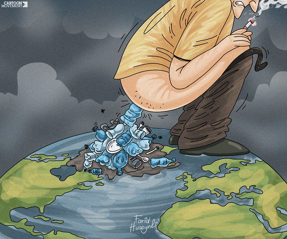 Cartoon showing a man defecating on the planet; instead of faeces, what comes out is an assortment of plastic bottles and other plastic trash.
