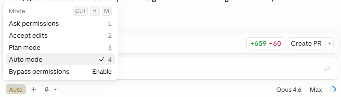 Claude Code mode dropdown listing Ask permissions, Accept edits, Plan mode, Auto mode (selected), and Bypass permissions. Claude Code mode dropdown listing Ask permissions, Accept edits, Plan mode, Auto mode (selected), and Bypass permissions.