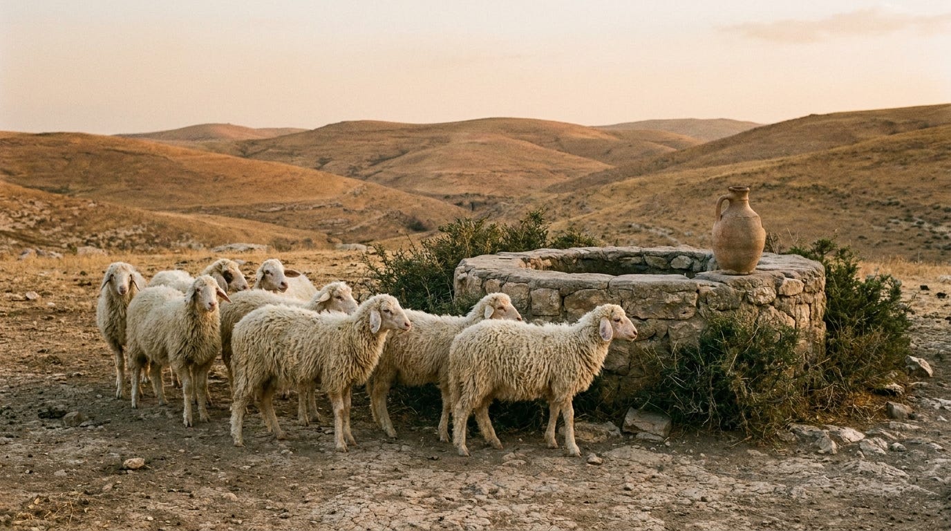 Seven white ewe lambs standing in a row beside a stone-rimmed well at dusk, a clay water jar on the well's edge, open dry hills beyond, no people, no text Seven white ewe lambs standing in a row beside a stone-rimmed well at dusk, a clay water jar on the well's edge, open dry hills beyond, no people, no text