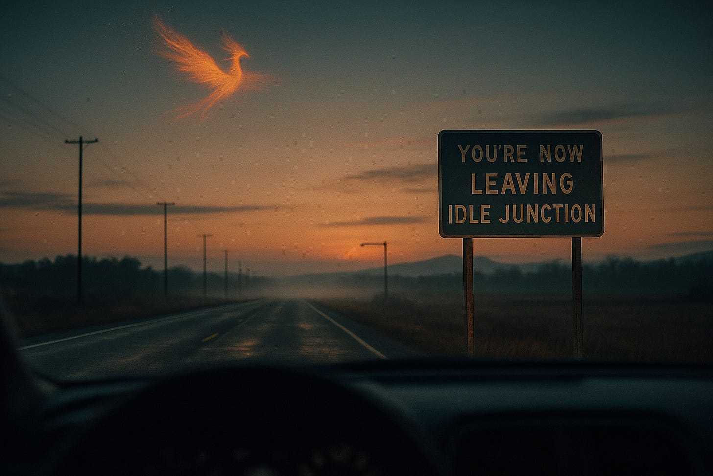 View from inside a car on a misty dawn highway; ahead, a road sign reads “You’re Now Leaving Idle Junction,” and a faint phoenix-shaped glow rises in the sky.