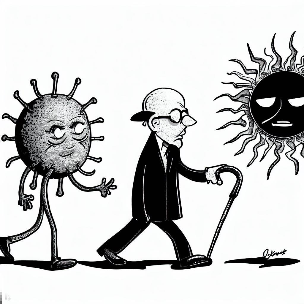 A cartoon of a virus following an old man under a black sun