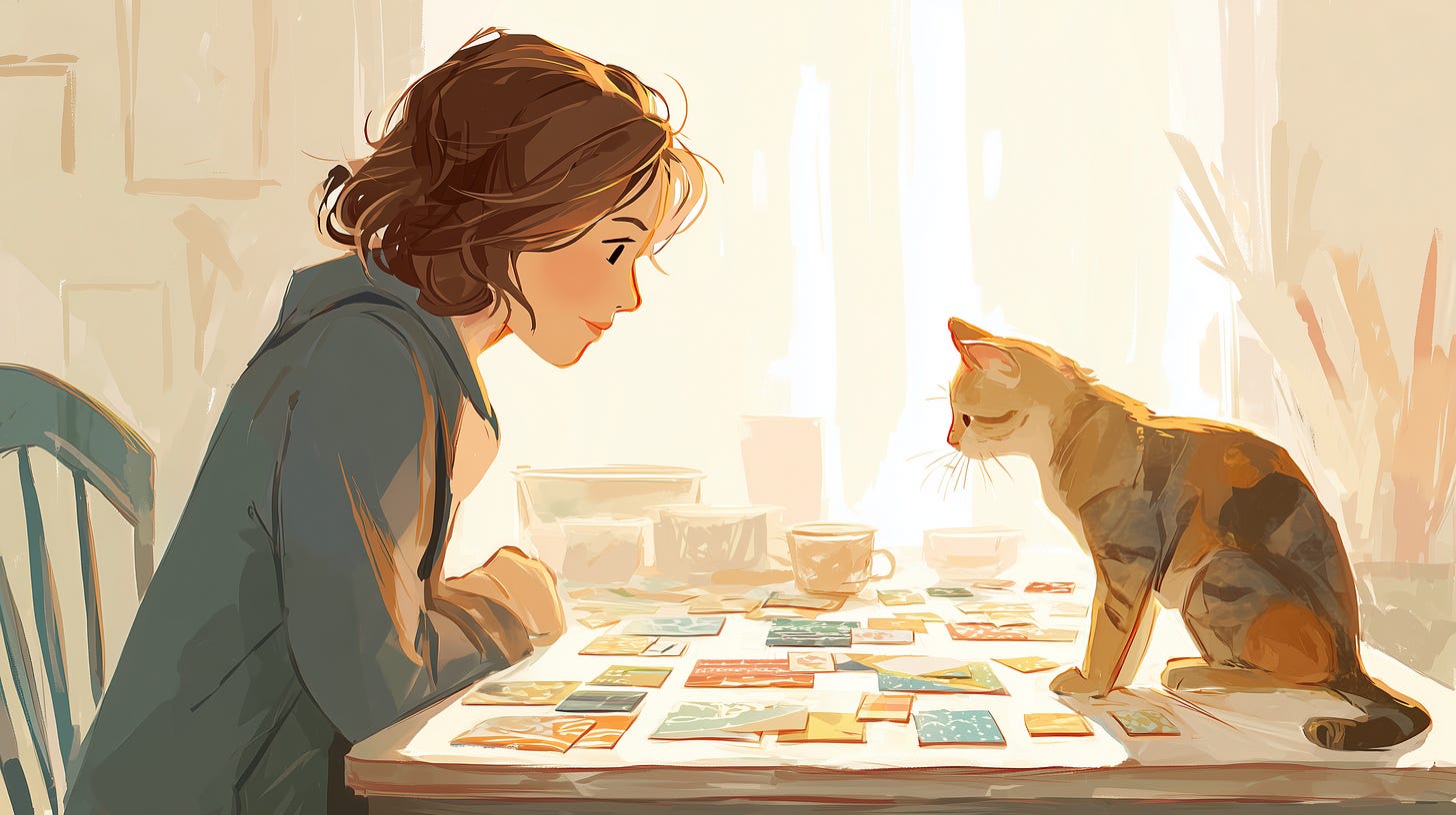 a creative and her cat looking at options