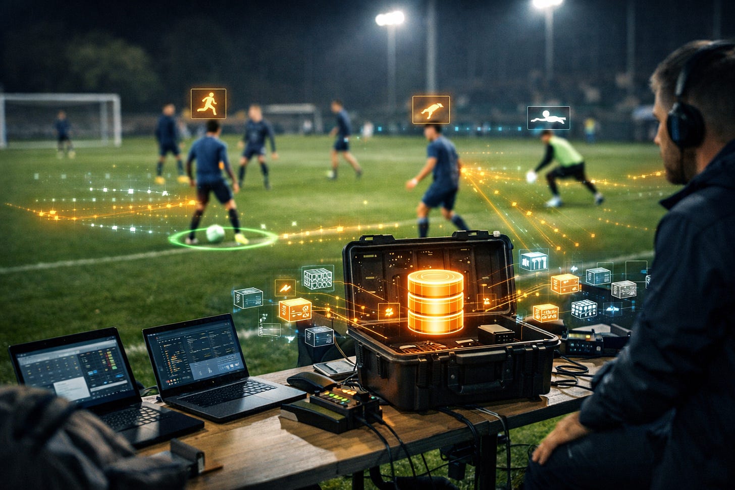 Sports analyst monitoring a soccer match with live data overlays and field-side tech gear. Sports analyst monitoring a soccer match with live data overlays and field-side tech gear.
