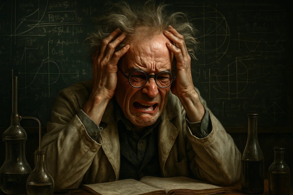 A distressed older man in a lab coat sits at a desk with his hands gripping his head, eyes shut tightly, and mouth open in anguish. His wild gray hair and round glasses add to the sense of frustration. He appears overwhelmed, surrounded by laboratory glassware and chalkboard equations in the background — symbolizing intellectual or emotional burnout.