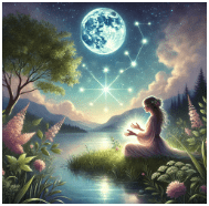 A serene, ethereal illustration of a feminine figure seated by moonlit water at night, cradling soft starlight in her cupped hands. A luminous full moon rises behind her, casting a gentle glow across a lush landscape of flowers and still water, with stars scattered through soft clouds above. The overall palette is cool and dreamlike: deep blues, misty greens, and silver moonlight. Representing the Cancer archetype in Human Design: nurturing, intuitive, emotionally receptive, and deeply connected to the cycles of the natural world.