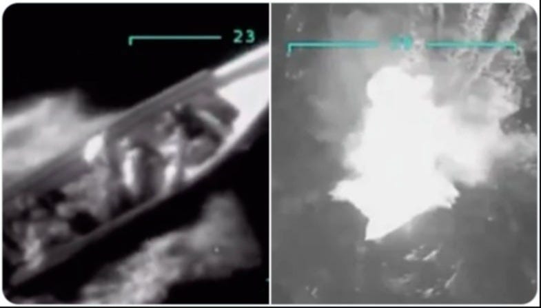 The Department of Defense released video of the destruction of a small smuggling boat on Sept. 2, 2025, killing its crew of eleven. The Department of Defense released video of the destruction of a small smuggling boat on Sept. 2, 2025, killing its crew of eleven.