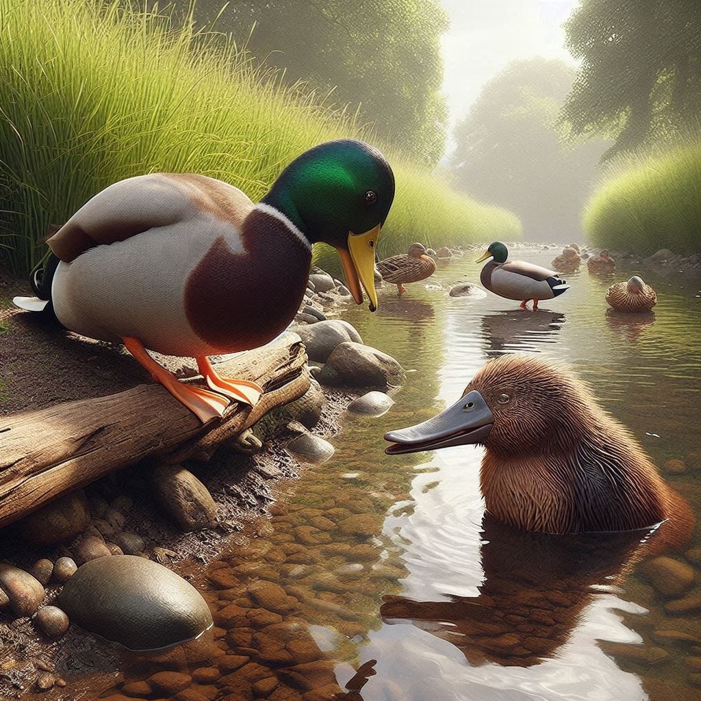 a duckbilled platypus talking to a male mallard duck on the banks of a creek in England photorealistic