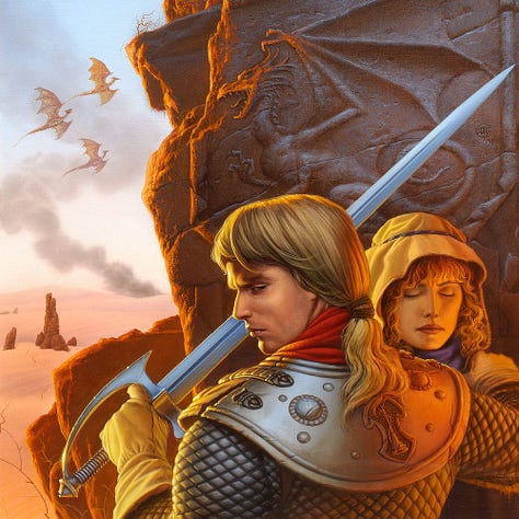 LEFT: Background detail from THE DRAGON’S SWORD featuring a trio of dragons in flight. A plume of smoke drifts to form a zig zag in the sky. In the foreground a dragon is etched in relief on the broken stone face behind the figures.  CENTER: Detail from THE DRAGON’S SWORD he wears a red scarf around his neck and his long hair is tied in a ponytail. He holds a plain steel sword with a guard curving from hilt to pommel to protect his leather gloved hand. His opposite hand rests on the shoulder of a woman standing with her eyes closed in grief. His eyes are slit as he glances back to the audience.  RIGHT: Figure detail from THE DRAGON’S SWORD featuring an armored man with his back to the audience and head turned in profile. Over his right shoulder is a woman whose curly red hair is covered with cloth with a tight thin band high on the crown of her head. Her eyes are closed and her face a mask of quiet grief.