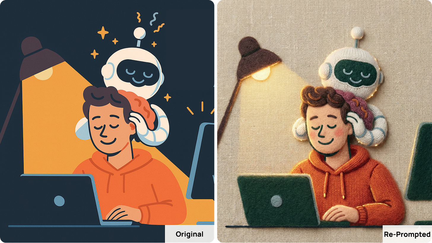 A side-by-side comparison created by Karo (Product With Attitude) using a Nano Banana restyling prompt. The image shows an original flat, vector-style illustration transformed into a cosy, tactile, fibre-rich “felt-craft” aesthetic.  On the left, the original illustration features a person at a laptop while a friendly robot massages their head — clean, flat, smooth, and digital.  On the right, the Nano Banana version re-creates the exact same composition, but in a warm, hygge-inspired, Nordic textile style. The characters appear made from felt, wool, and knitted fibres, with soft shadows and warm, candle-like lighting. The laptop and lamp also look handcrafted, as if sculpted from fabric. The flat dark background is replaced with a beige linen texture, increasing the cosy, tactile mood.  This example demonstrates how Karo’s Nano Banana prompt system can convert vector art into a handcrafted, fibre-textured, Christmas-adjacent aesthetic, combining: AI art transformation, tactile design cues, hygge textures, wool-and-felt craft simulation, Nordic lighting, and cosy visual ASMR.