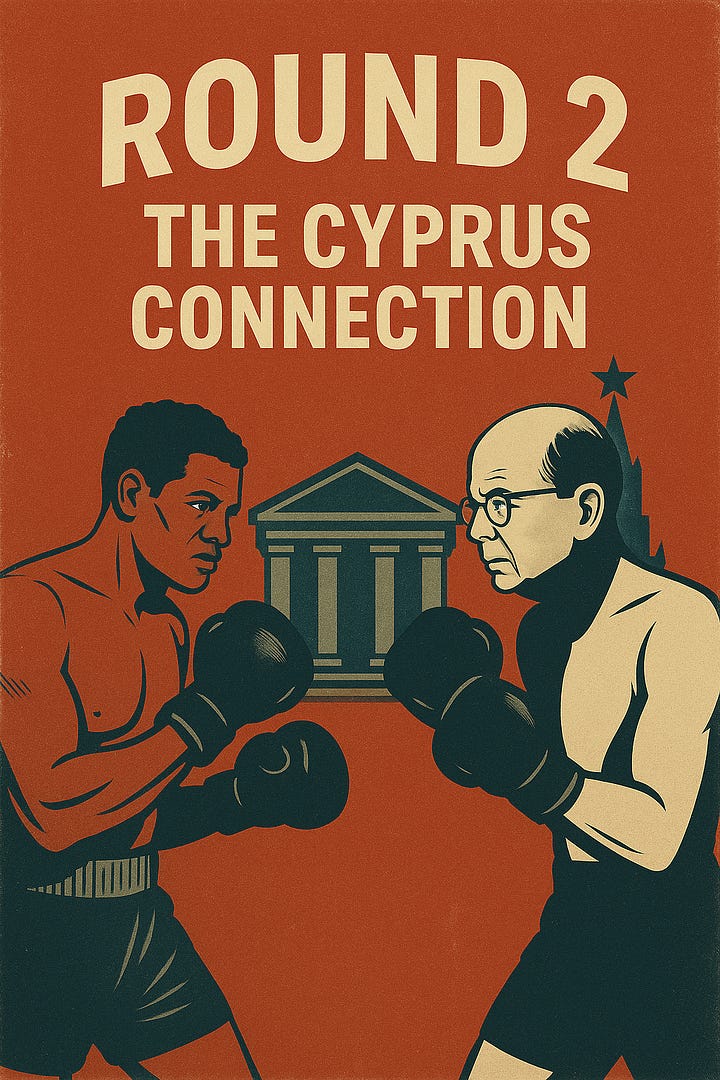 Fight-poster style illustration titled The Fertilizer Divorce. Vintage boxing aesthetics highlight Wilbur Ross, Trumpâs Commerce Secretary, with references to the Bank of Cyprus and Russian oligarch money laundering. Design mimics a cage match promo.