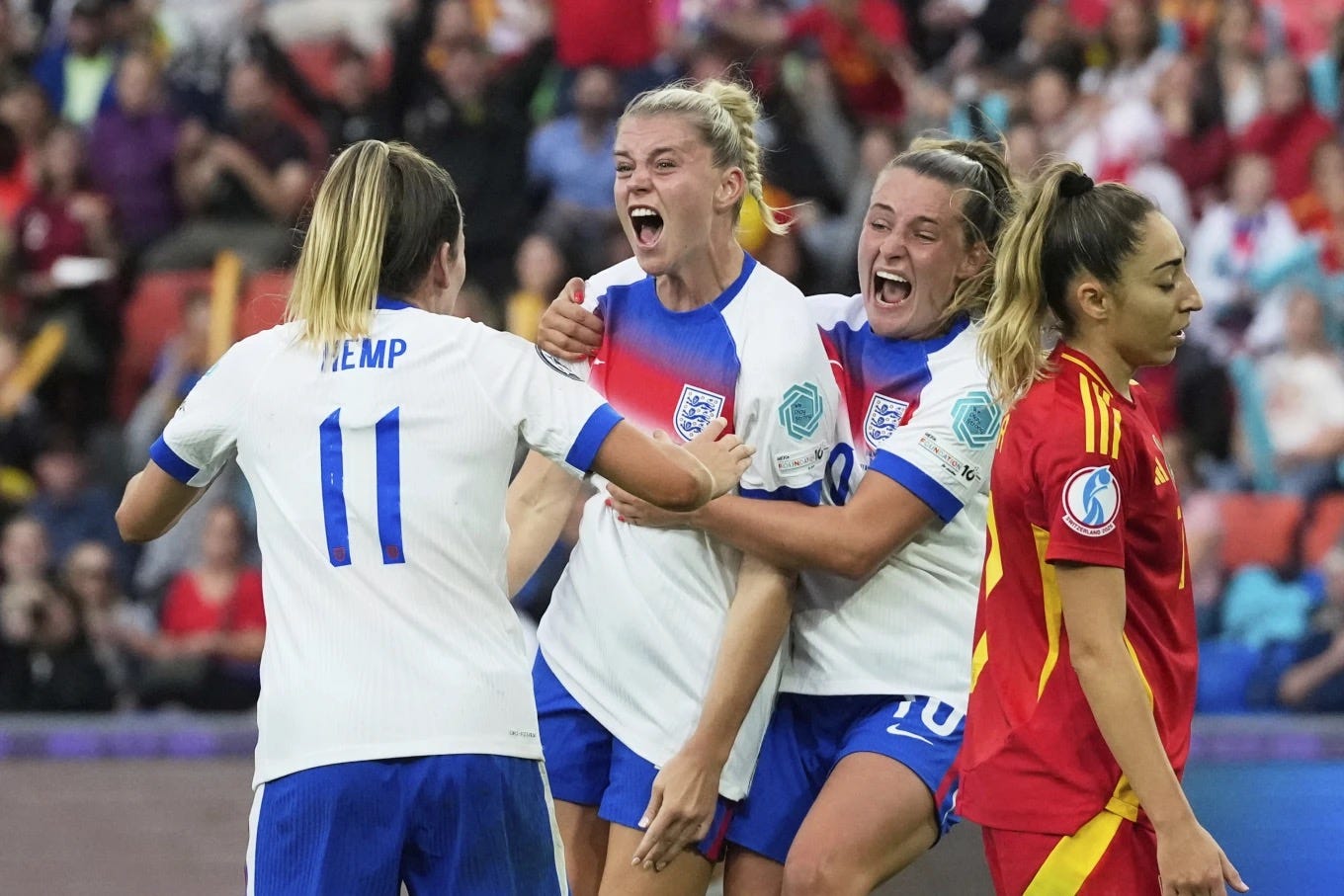 England’s Alessia Russo after scoring her side’s first goal during the Women’s Euro 2025 final football match between England and Spain in Basel, Switzerland. (AP Photo/Alessandra Tarantino) England’s Alessia Russo after scoring her side’s first goal during the Women’s Euro 2025 final football match between England and Spain in Basel, Switzerland. (AP Photo/Alessandra Tarantino)