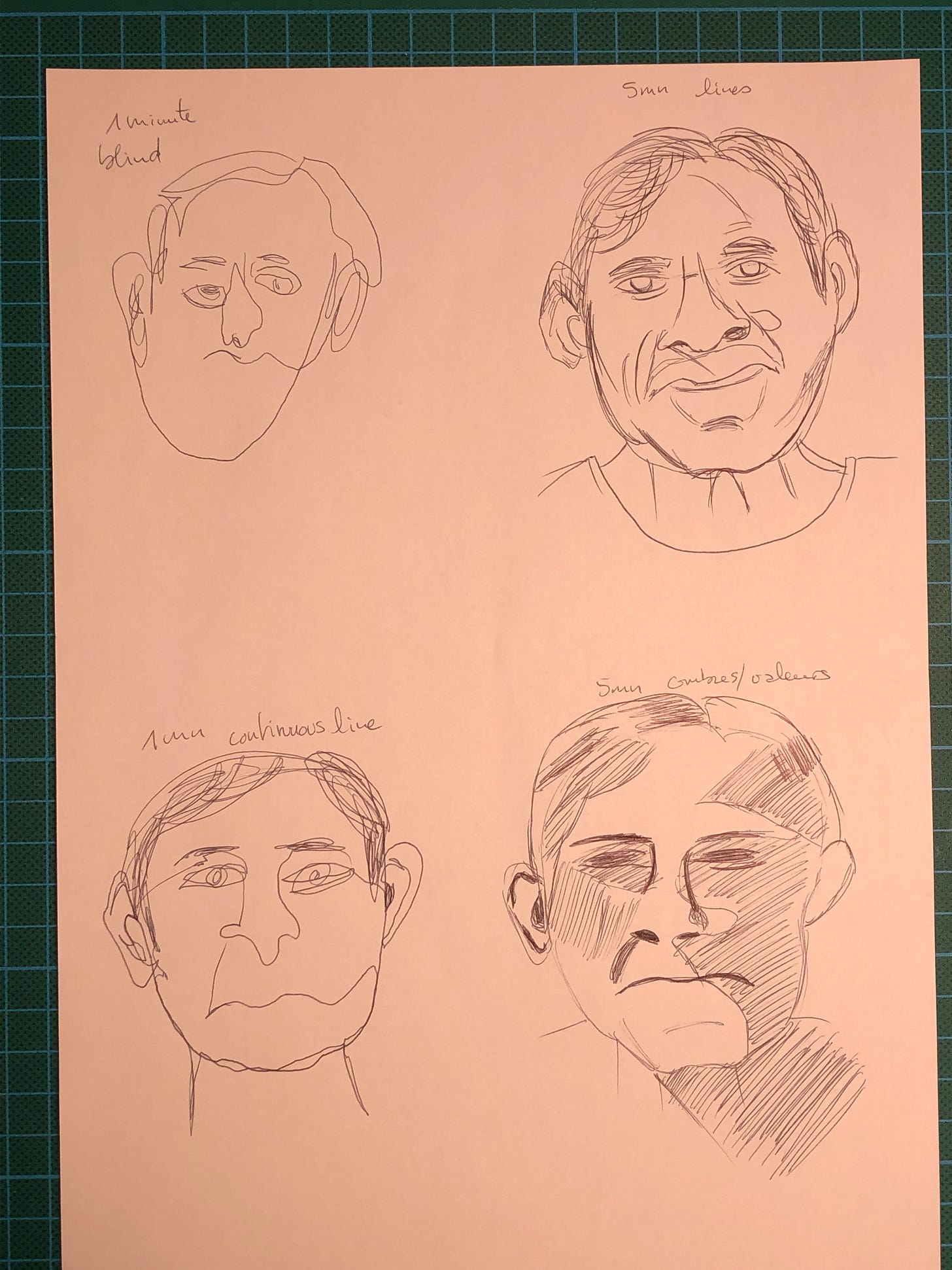 Photo de la feuille A4 où j'ai fait 4 exercices de portraits rapides.