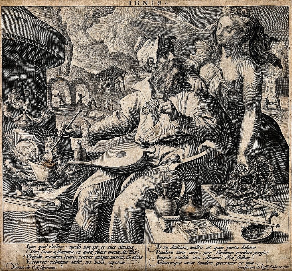 Prudentia’s wardrobe malfunction isn’t the headline here. She’s telling an alchemist that he’s playing with fire and needs to chill out. (Thank you to this alchemist for not staring directly into her nipple.) Engraving by C. de Passe after M. de Vos, 16th century. Wellcome Collection. Prudentia’s wardrobe malfunction isn’t the headline here. She’s telling an alchemist that he’s playing with fire and needs to chill out. (Thank you to this alchemist for not staring directly into her nipple.) Engraving by C. de Passe after M. de Vos, 16th century. Wellcome Collection.