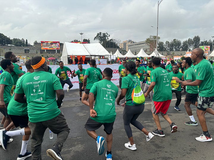 High-energy warming-up before the start of the Great Ethiopian Run.