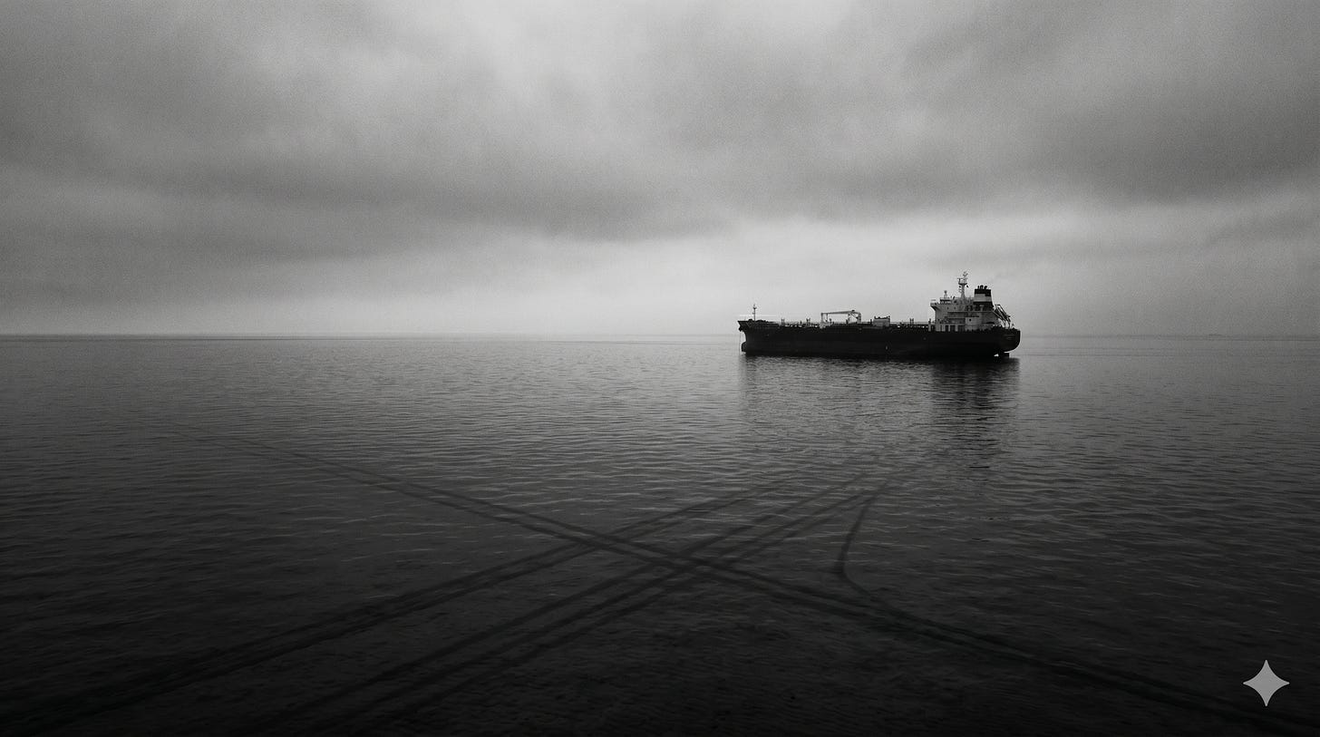 AI image in b&W of lone tanker lurking over unsersea cables