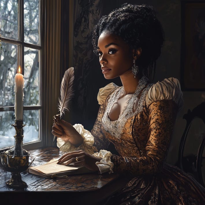 Woman sitting by a window in 1800s dress with a quill pen in her hand.