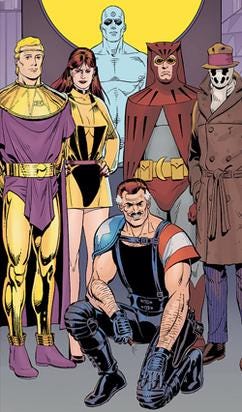 Os heróis de Watchmen estão posando para a foto em trajes coloridos, com o Comediante agachado e Dr. Manhattan no fundo, todo azul. Os heróis de Watchmen estão posando para a foto em trajes coloridos, com o Comediante agachado e Dr. Manhattan no fundo, todo azul.