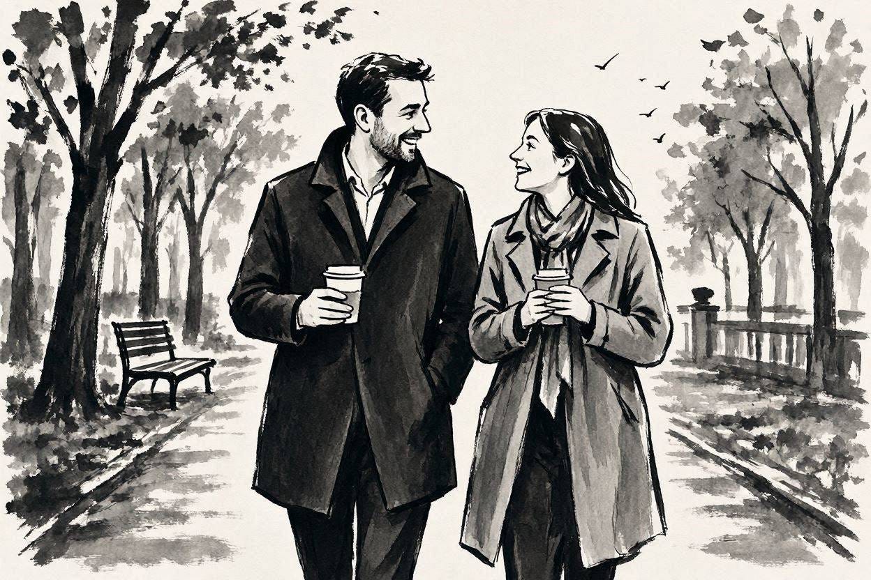 A man and woman holding a coffee walking through the park in black and white ink and gouache style