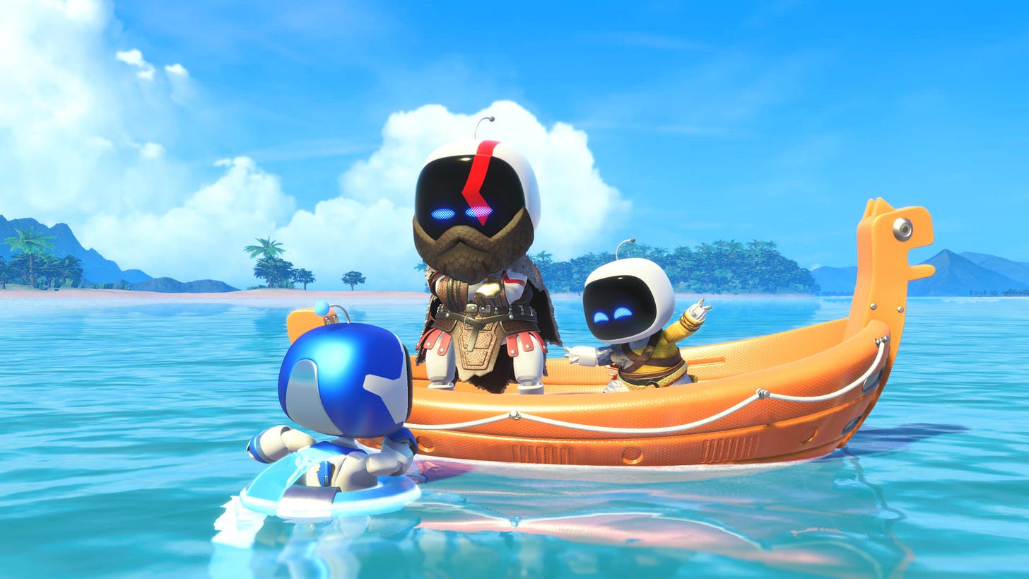 Astro Bot screenshot: Astro wades next a boat, where Kratos and Atreus from God of War stand. Kratos stands seriously, Atreus is happy and waving.