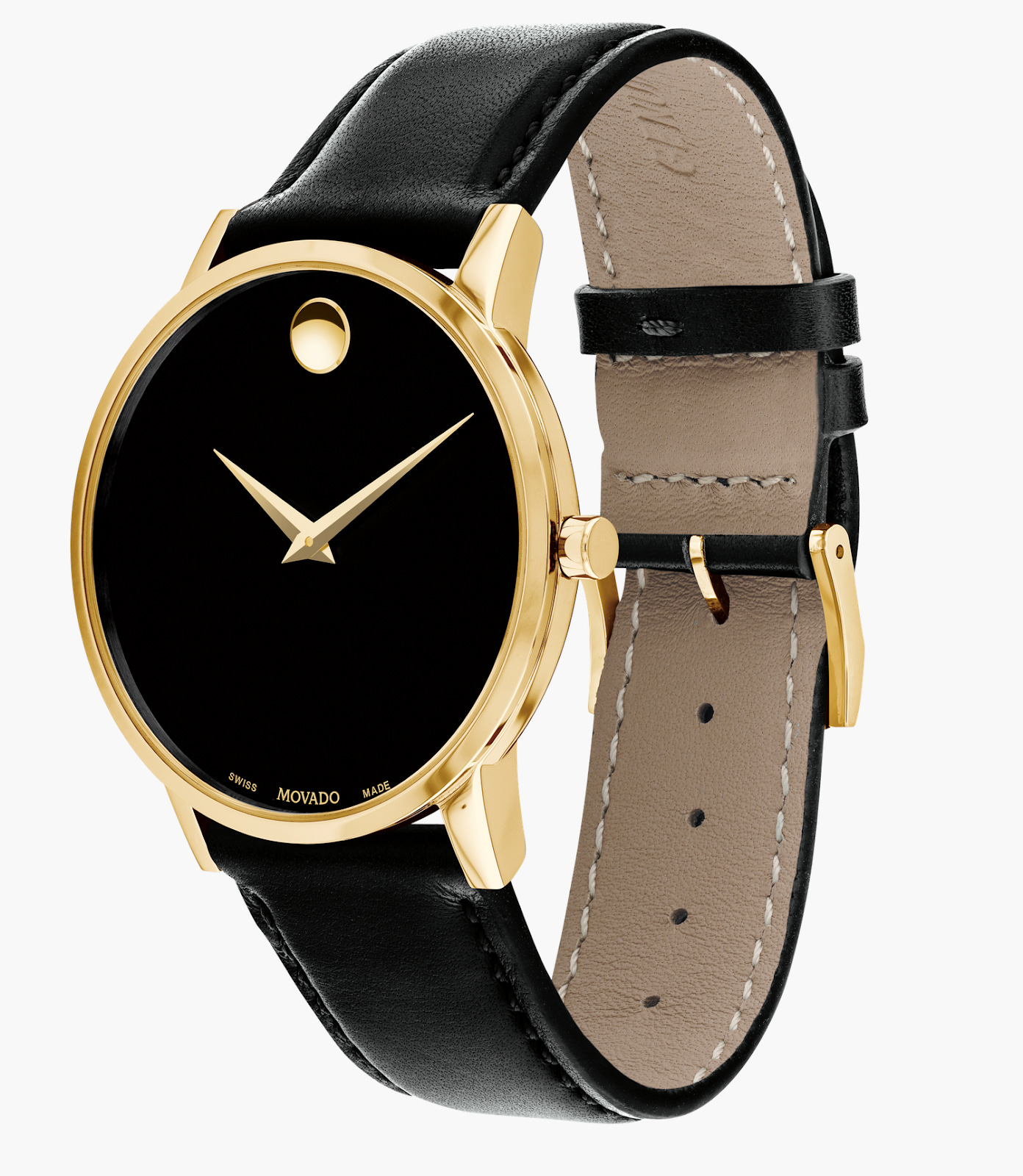 A Movado Museum Classic watch with a 40mm yellow gold PVD-finished stainless steel case, iconic black Museum dial, concave dot at 12 o'clock symbolizing the sun, showcasing elegance and modern design. A Movado Museum Classic watch with a 40mm yellow gold PVD-finished stainless steel case, iconic black Museum dial, concave dot at 12 o'clock symbolizing the sun, showcasing elegance and modern design.