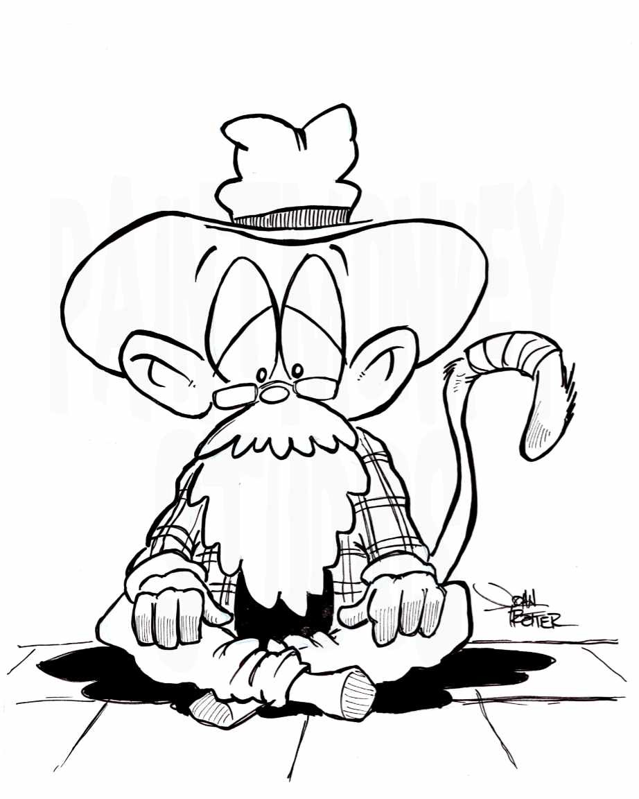 The cartoon Paintmonkey is sitting dejectedly in the middle of the floor with crossed legs. The cartoon Paintmonkey is sitting dejectedly in the middle of the floor with crossed legs.