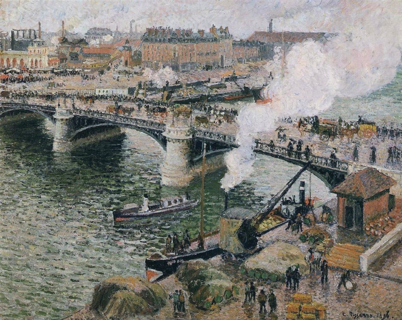 An iron bridge over the Seine at Rouen under a smoky sky An iron bridge over the Seine at Rouen under a smoky sky