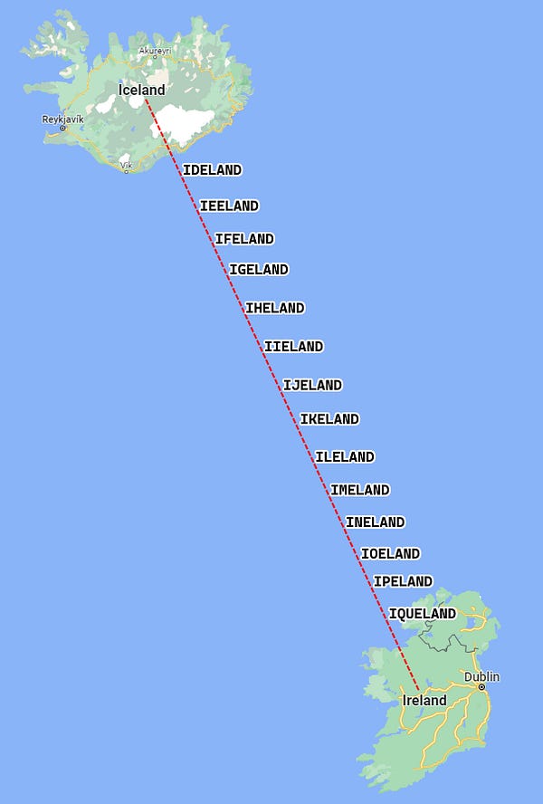 A map showing a red line between Iceland and Ireland, which is marked with the following words:

IDELAND
IEELAND
IFELAND
IGELAND
IHELAND
IIELAND
IJELAND
IKELAND
ILELAND
IMELAND
INELAND
IOELAND
IPELAND
IQUELAND
