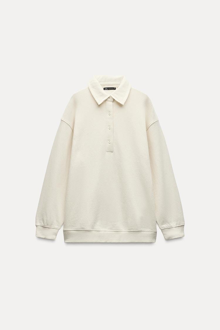 Zara RUSTIC POLO SWEATSHIRT - Ecru - Image 3