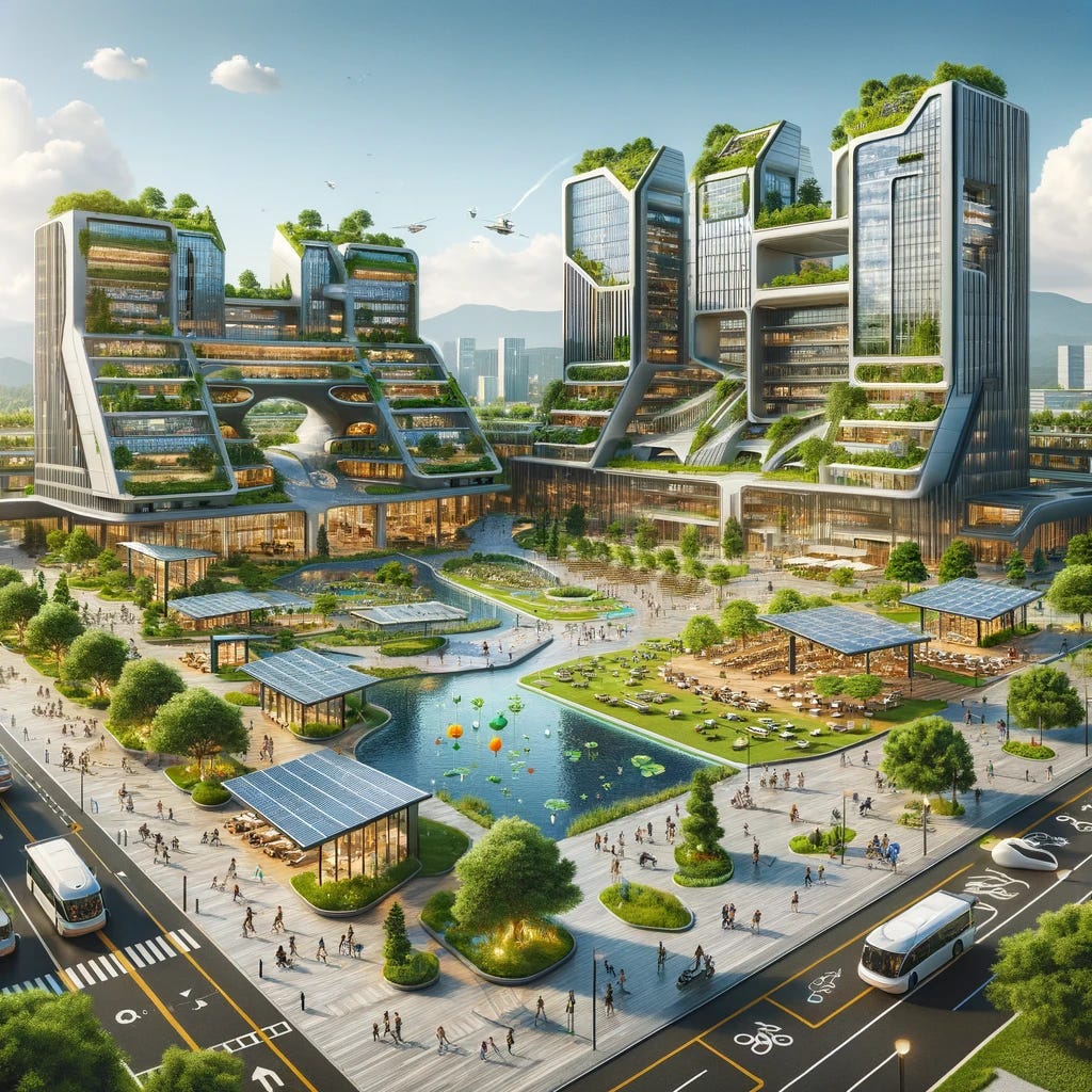Imagine a futuristic university campus that integrates sustainable design, technology, and green spaces. The campus features sleek, eco-friendly buildings with solar panels and green roofs, interspersed with lush gardens and outdoor learning areas. There are advanced labs and collaborative spaces equipped with the latest technology for innovative research and education. Electric shuttles transport students between buildings, and there are bike lanes and walking paths for easy navigation. The campus also includes areas for relaxation and socializing, with modern sculptures and water features, emphasizing a balance between technology, sustainability, and well-being.