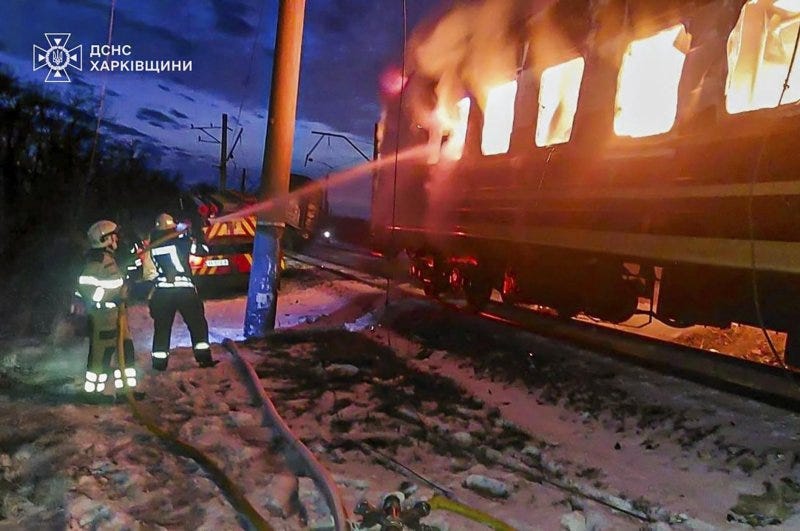Ukrainian firefighters at the scene of a deadly Russian drone strike on a cross-country train on Tuesday in Kharkiv province, close to the border with Donetsk. Photo courtesy of State Emergency Service of Ukraine/EPA Ukrainian firefighters at the scene of a deadly Russian drone strike on a cross-country train on Tuesday in Kharkiv province, close to the border with Donetsk. Photo courtesy of State Emergency Service of Ukraine/EPA