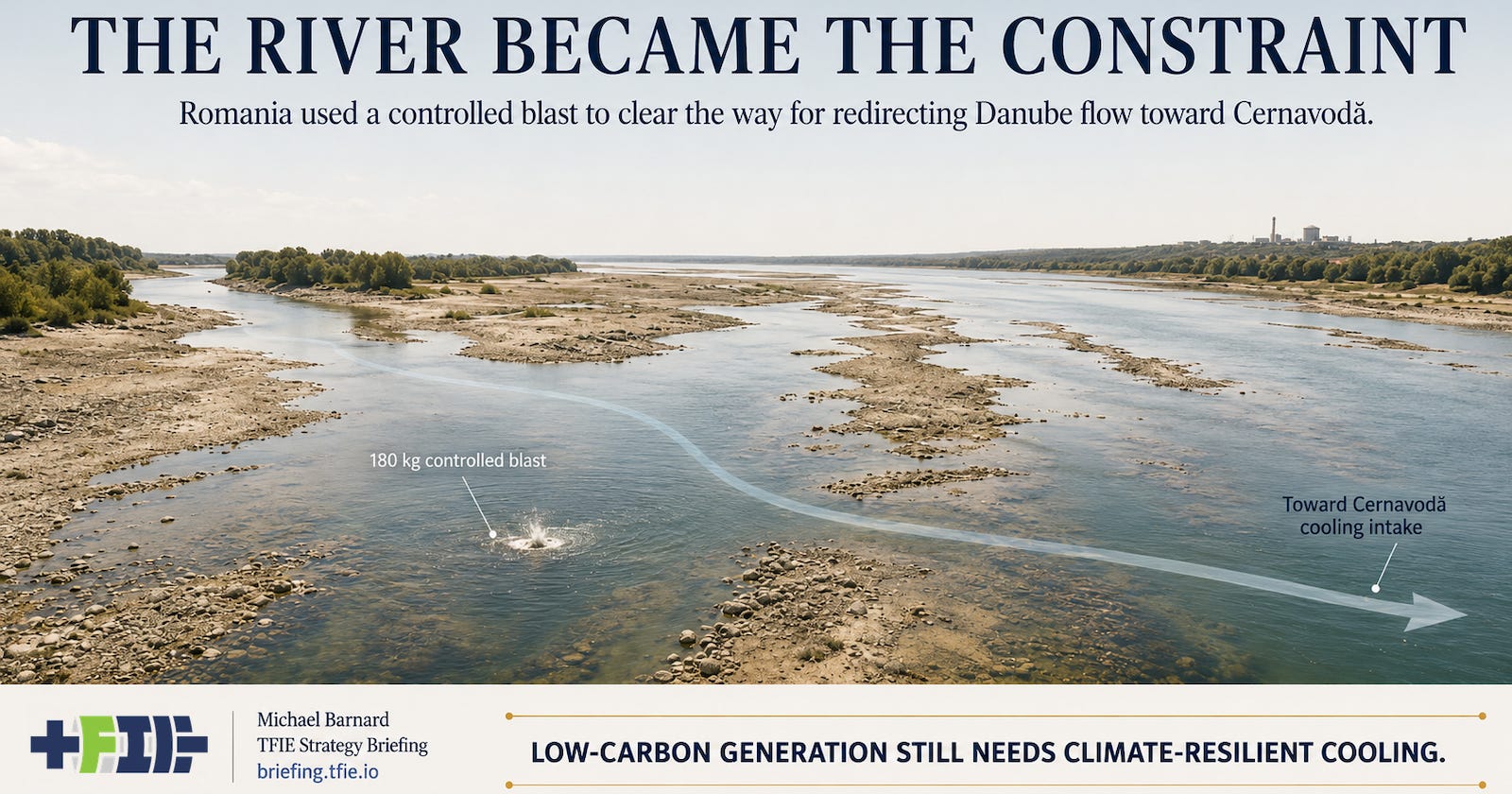 A low Danube channel and controlled blast redirect water toward Cernavodă’s nuclear cooling intake.