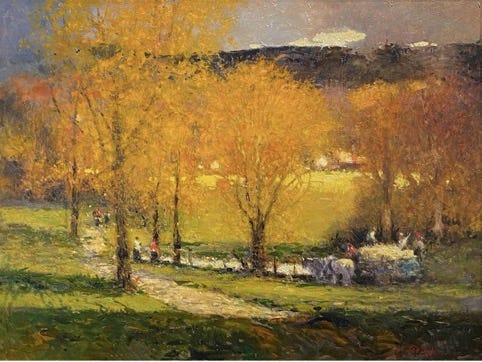 A painting of a park with trees and people

Description automatically generated