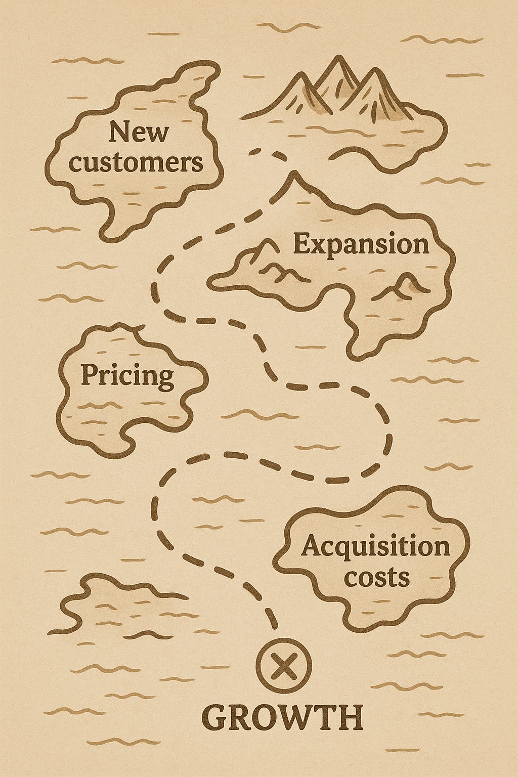 Hand-drawn map illustrating the key drivers of SaaS growth: new customers, expansion, pricing, and acquisition costs. Hand-drawn map illustrating the key drivers of SaaS growth: new customers, expansion, pricing, and acquisition costs.