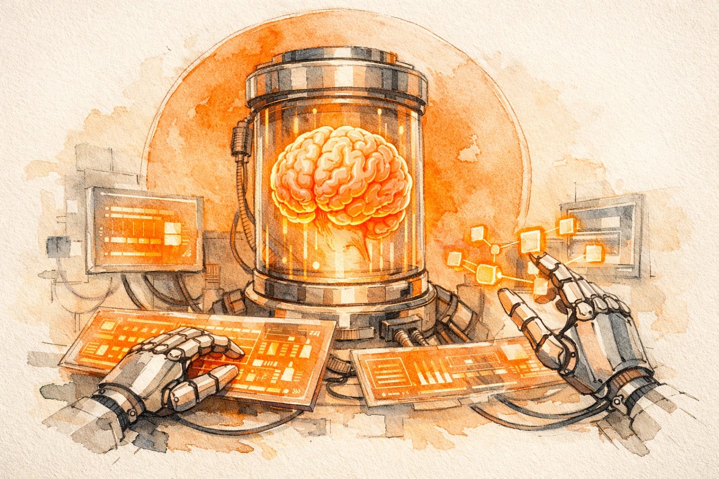 Strategic brain in a jar and robotic hands representing custom small business AI tools and infrastructure.