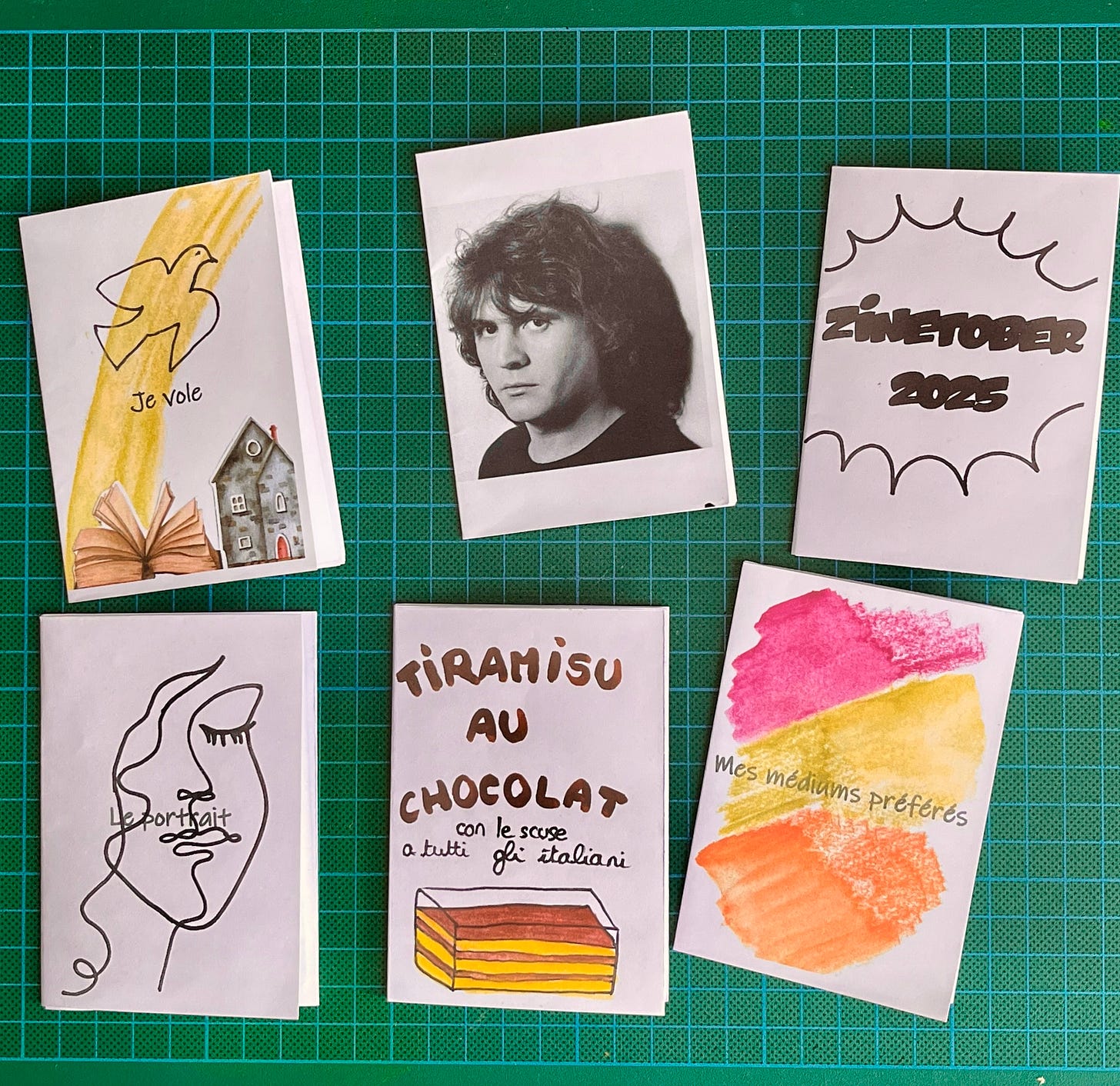 Photos des 6 zines créés par Stéphanie : ce sont des mini zines faits à partir d'une feuille A4 blanche.